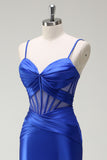 Royal Blue Mermaid Spaghetti Straps Corsetto in raso Abito lungo da ballo con fessura