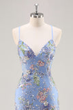 Paillettes sirena spaghetti spalline rosa Abito da cerimonia con applique