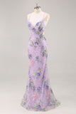 Paillettes sirena spaghetti spalline rosa Abito da cerimonia con applique