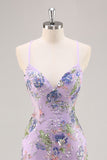 Paillettes sirena spaghetti spalline rosa Abito da cerimonia con applique