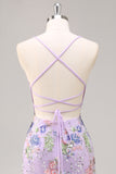 Paillettes sirena spaghetti spalline rosa Abito da cerimonia con applique