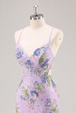Paillettes sirena spaghetti spalline rosa Abito da cerimonia con applique