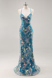 Paillettes sirena spaghetti spalline rosa Abito da cerimonia con applique