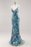 Paillettes sirena spaghetti spalline rosa Abito da cerimonia con applique