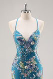 Paillettes sirena spaghetti spalline rosa Abito da cerimonia con applique