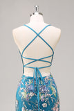 Paillettes sirena spaghetti spalline rosa Abito da cerimonia con applique