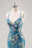 Paillettes sirena spaghetti spalline rosa Abito da cerimonia con applique