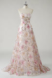 Sparkly Pink A-Line senza spalline paillettes floreale lungo Abito da cerimonia