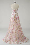 Sparkly Pink A-Line senza spalline paillettes floreale lungo Abito da cerimonia