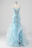 cielo blu sirena spaghetti spalline paillettes corsetto lungo abito da ballo con volant