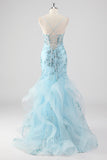 cielo blu sirena spaghetti spalline paillettes corsetto lungo abito da ballo con volant