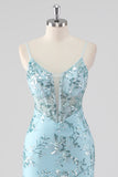 cielo blu sirena spaghetti spalline paillettes corsetto lungo abito da ballo con volant