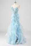 cielo blu sirena spaghetti spalline paillettes corsetto lungo abito da ballo con volant