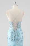 cielo blu sirena spaghetti spalline paillettes corsetto lungo abito da ballo con volant