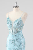 cielo blu sirena spaghetti spalline paillettes corsetto lungo abito da ballo con volant