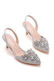 Nero Strass Tacco Slingback Sandali Punta A Punta Slip On Block Heels