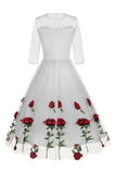 Nero A Line Rose floreale 1950s abito con mezze maniche