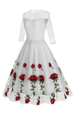 Nero A Line Rose floreale 1950s abito con mezze maniche