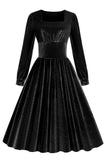 Nero A Line maniche lunghe pieghettato Vintage 1950s Dress