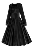 Nero A Line maniche lunghe pieghettato Vintage 1950s Dress