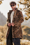 Cappotto invernale da uomo di media lunghezza con collo con risvolto leopardato marrone