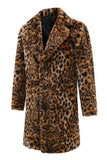 Cappotto invernale da uomo in pelliccia sintetica con stampa leopardata marrone di media lunghezza con colletto a risvolto