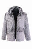Cappotto Midi Grigio In Montone Da Uomo Con Cappuccio