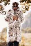 Cappotto da uomo leopardato stampato in pelliccia sintetica a maniche lunghe di media lunghezza bianco