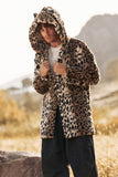 Cappotto da uomo invernale in pelliccia sintetica di media lunghezza leopardato