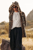 Cappotto da uomo invernale in pelliccia sintetica di media lunghezza leopardato