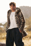 Cappotto da uomo invernale in pelliccia sintetica di media lunghezza leopardato