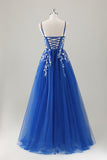 Royal Blue Ball-Gown lungo Appliqued Prom Dress con fessura