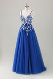Royal Blue Ball-Gown lungo Appliqued Prom Dress con fessura