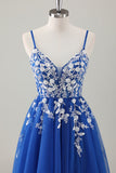 Royal Blue Ball-Gown lungo Appliqued Prom Dress con fessura
