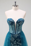 Sparkly Peacock Blue Mermaid Corsetto senza spalline Abito da ballo lungo con fessura