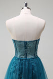 Sparkly Peacock Blue Mermaid Corsetto senza spalline Abito da ballo lungo con fessura