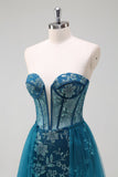 Sparkly Peacock Blue Mermaid Corsetto senza spalline Abito da ballo lungo con fessura