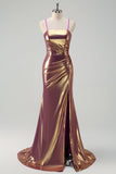 Metallic Golden Mermaid Spaghetti Straps Abito lungo da cerimonia con fessura