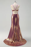 Metallic Golden Mermaid Spaghetti Straps Abito lungo da cerimonia con fessura