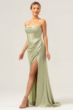 Sage Mermaid Spaghetti Straps Corsetto Abito da damigella d'onore in raso con fessura