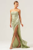 Sage Mermaid Spaghetti Straps Corsetto Abito da damigella d'onore in raso con fessura