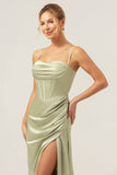 Sage Mermaid Spaghetti Straps Corsetto Abito da damigella d'onore in raso con fessura