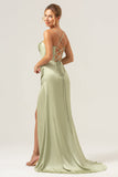 Sage Mermaid Spaghetti Straps Corsetto Abito da damigella d'onore in raso con fessura