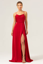Borgogna A Line Spaghetti Straps Backless Satin Abito da damigella d'onore lungo con fessura