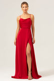 Borgogna A Line Spaghetti Straps Backless Satin Abito da damigella d'onore lungo con fessura