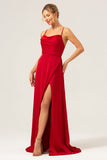 Borgogna A Line Spaghetti Straps Backless Satin Abito da damigella d'onore lungo con fessura