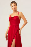 Borgogna A Line Spaghetti Straps Backless Satin Abito da damigella d'onore lungo con fessura