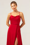 Borgogna A Line Spaghetti Straps Backless Satin Abito da damigella d'onore lungo con fessura