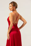 Borgogna A Line Spaghetti Straps Backless Satin Abito da damigella d'onore lungo con fessura