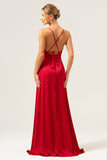 Borgogna A Line Spaghetti Straps Backless Satin Abito da damigella d'onore lungo con fessura